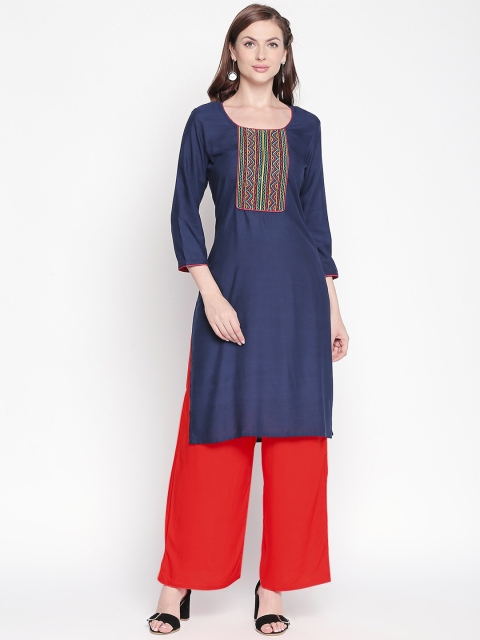 

ZRI Women Navy Blue Embroidered Straight Kurta