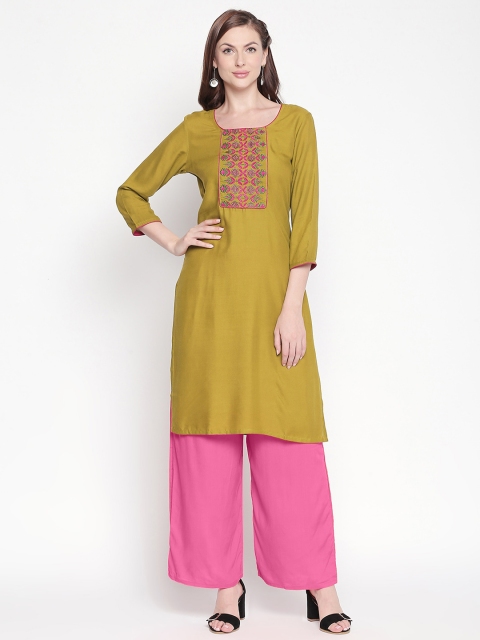 

ZRI Women Green & Pink Embroidered Straight Kurta