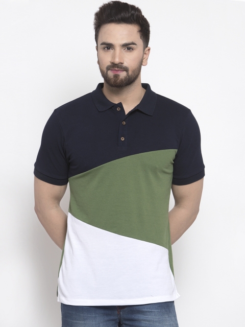 

Kalt Men Navy Blue & Green Colourblocked Polo Collar T-shirt