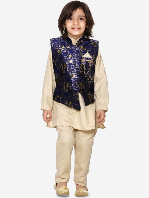 

Aj DEZInES Boys Beige & Navy Blue Printed Kurta with Pyjamas & Nehru Jacket