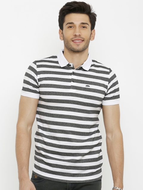 

Rex Straut Jeans Men Black & White Striped Polo Collar T-shirt