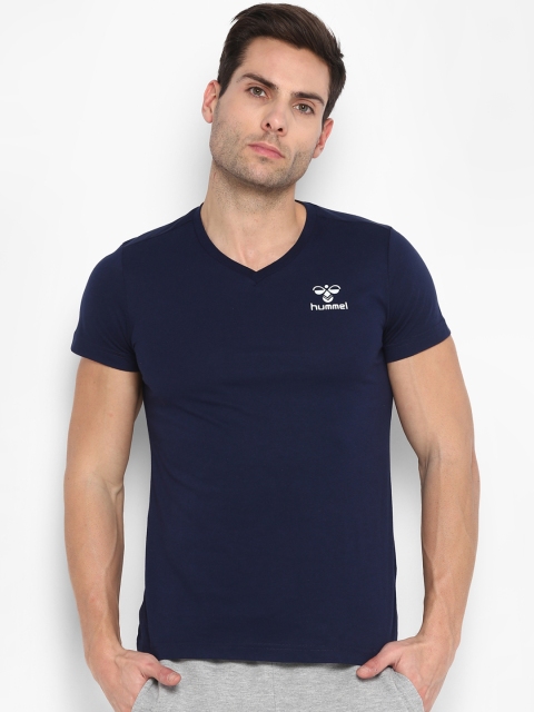 

hummel Men Navy Blue Solid V-Neck T-shirt
