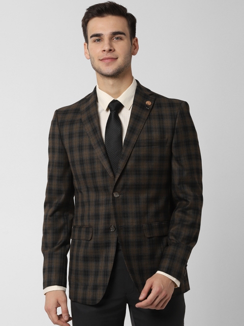 

Peter England Men Brown Checked Slim-Fit Single-Breasted Formal Blazer