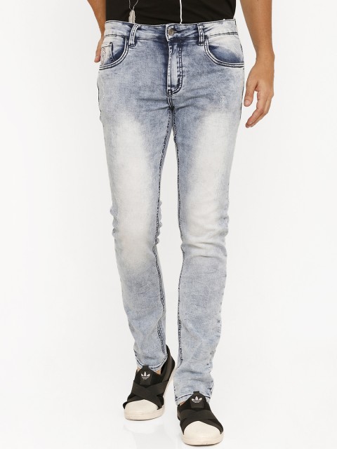 

Rex Straut Jeans Men Blue & Off-White Comfort Slim Fit Mid-Rise Low Distress Jeans