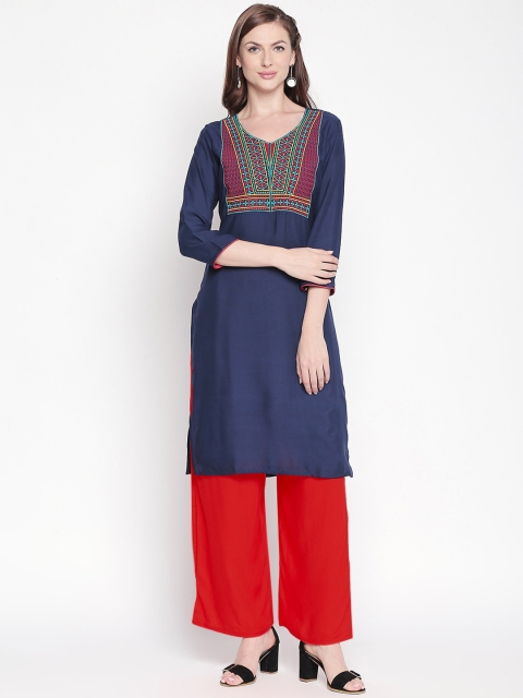 

ZRI Women Navy Blue & Red Embroidered Straight Kurta