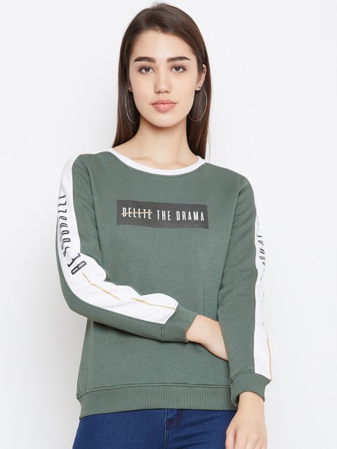 

METTLE Women Olive Green & White Solid Sweatshirt