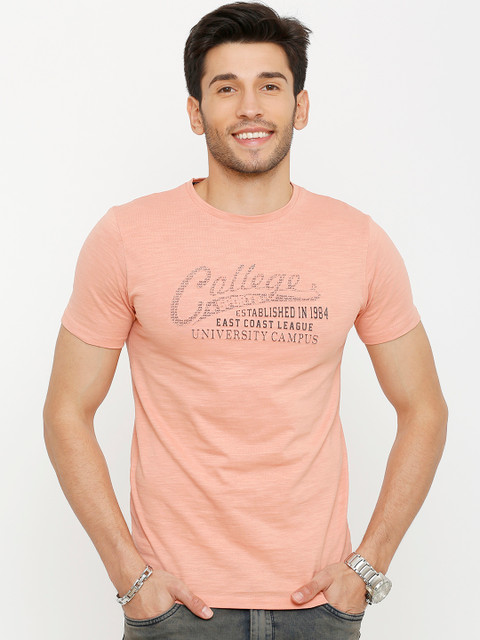 

Rex Straut Jeans Men Peach-Coloured Printed Round Neck T-shirt
