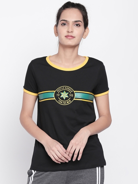 

Ajile by Pantaloons Women Black Printed Round Neck Pure Cotton T-shirt