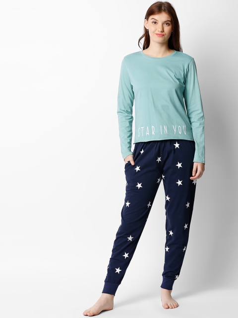 

I like me Women Sea Green & Navy Blue Solid Night Suit