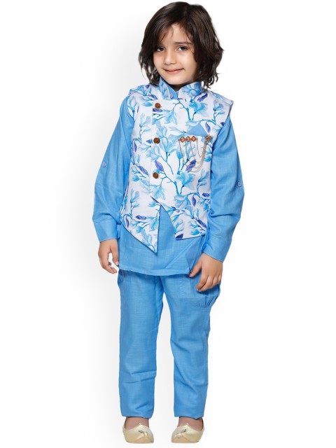 

Aj DEZInES Boys Turquoise Blue & White Printed Kurta with Pyjamas & Nehru Jacket