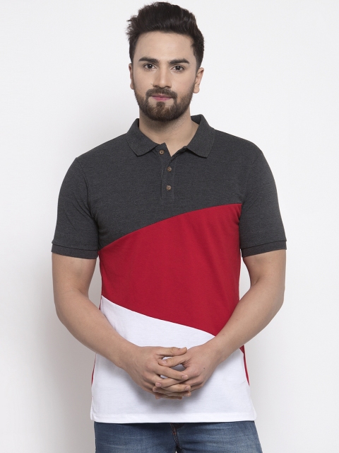 

Kalt Men Charcoal Grey & Red Colourblocked Polo Collar T-shirt