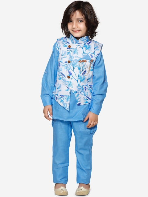 

Aj DEZInES Boys Turquoise Blue & White Printed Kurta with Pyjamas & Nehru Jacket