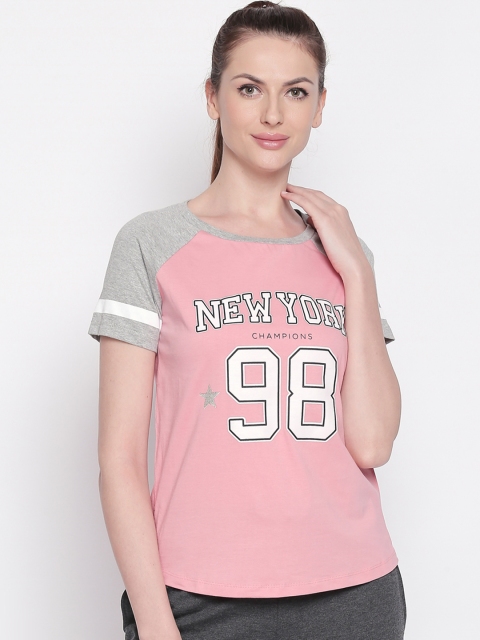 

Ajile by Pantaloons Women Pink & Grey Printed Round Neck T-shirt