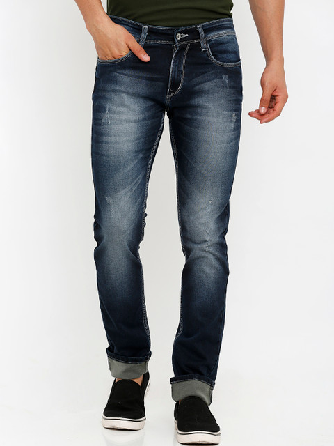

Rex Straut Jeans Men Navy Blue Tapered Fit Mid-Rise Low Distress Stretchable Jeans
