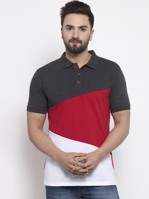 

Kalt Men Grey Melange & Red Colourblocked Polo Collar T-shirt