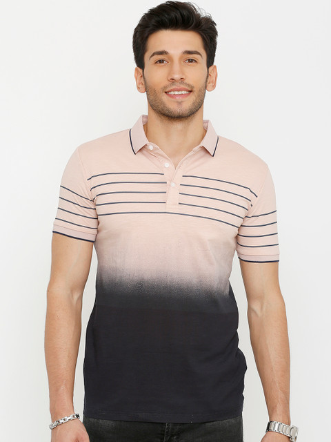 

Rex Straut Jeans Men Peach-Coloured Striped Polo Collar T-shirt