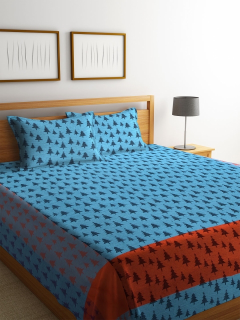 

KLOTTHE Blue & Rust-Orange Woven Design Double Bed Cover With 2 Pillow Covers