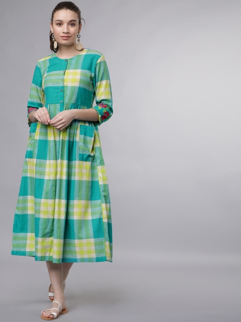 

Vishudh Women Turquoise Blue & Lime Green Checked Fit and Flare Dress