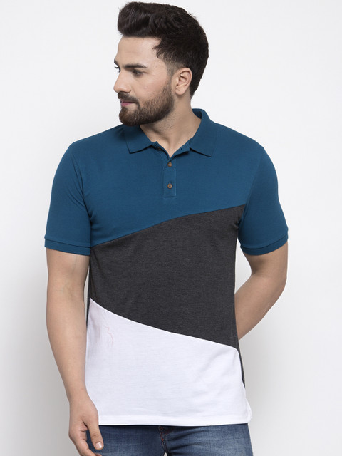 

Kalt Men Teal Blue & White Colourblocked Polo Collar T-shirt