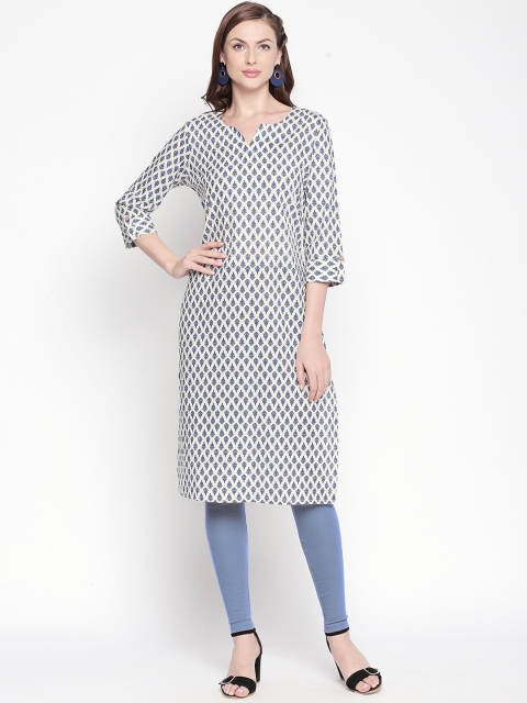 

ZRI Women Off-White & Blue Printed Straight Kurta