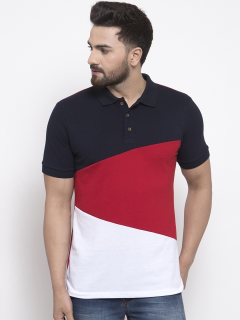 

Kalt Men Navy Blue & Red Colourblocked Polo Collar T-shirt