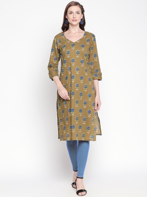 

ZRI Women Olive Green & Blue Printed Straight Kurta