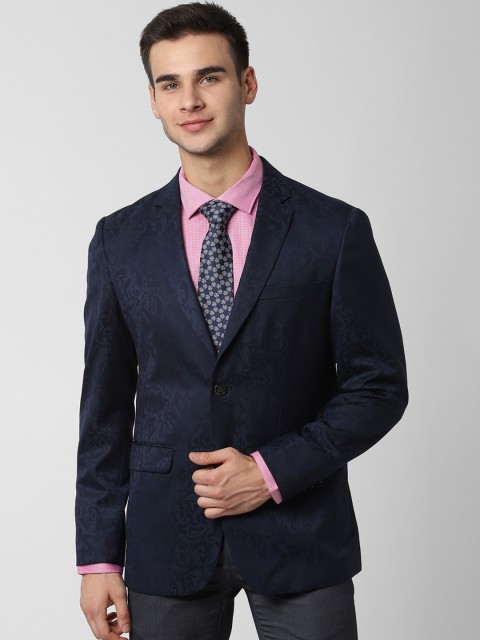 

Peter England Men Navy Blue Self-Design Slim-Fit Single-Breasted Blazer