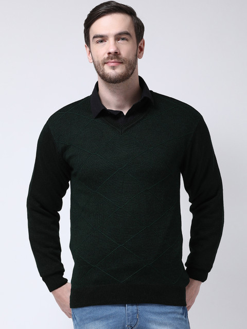 

COBB Men Green Self Design Pullover Sweater