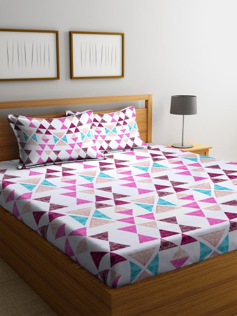 

Cortina White & Purple Geometric 104 TC Cotton 1 Queen Bedsheet with 2 Pillow Covers