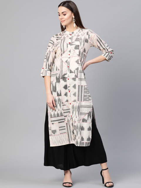 

Yuris Women Off-White & Black Printed Straight Kurta