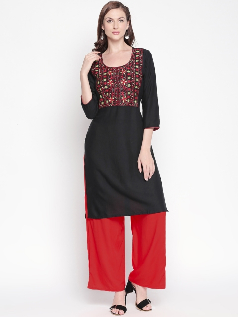 

ZRI Women Black & Red Embroidered Straight Kurta