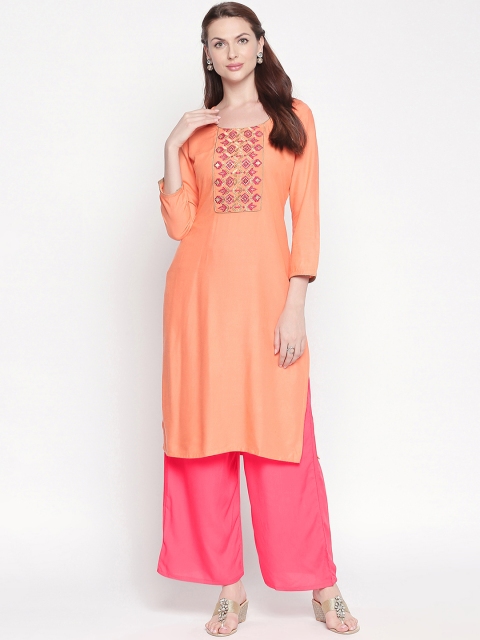 ZRI Women Peach-Coloured & Pink Embroidered Straight Kurta
