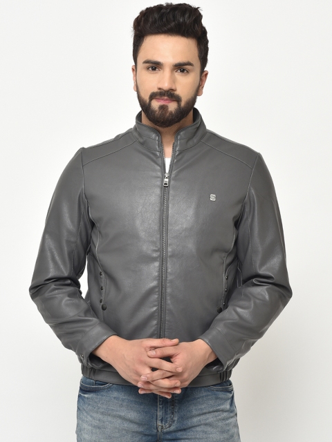 

Duke Men Grey Solid Leather Jacket