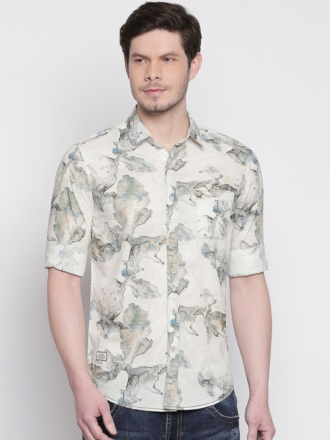 

Mufti Men Cream-Coloured & Grey Slim Fit Printed Casual Shirt