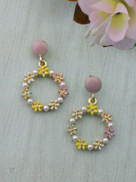 

Sia Art Jewellery Gold-Toned & Pink Circular Drop Earrings