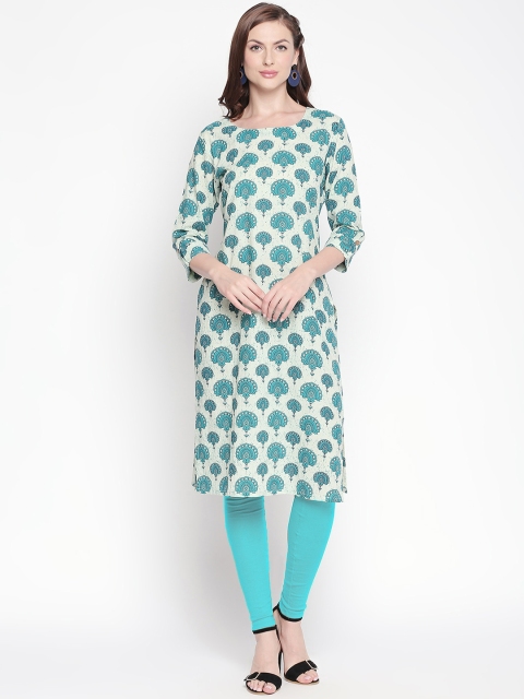 

ZRI Women Sea Green & Cream-Coloured Printed Straight Kurta