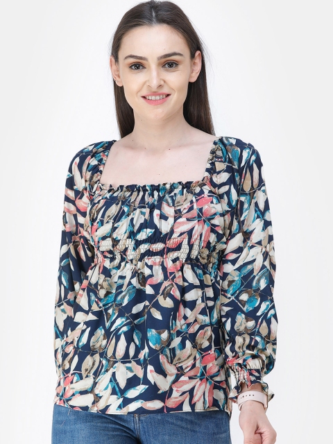 

Cation Women Navy Blue Tropical Printed Empire Top