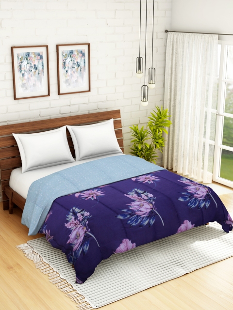 

WELHOME Navy Blue & Pink Floral AC Room 110 GSM Double Bed Quilt
