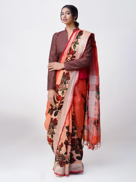 

Unnati Silks Orange & Green Pure Linen Printed Handloom Sustainable Saree