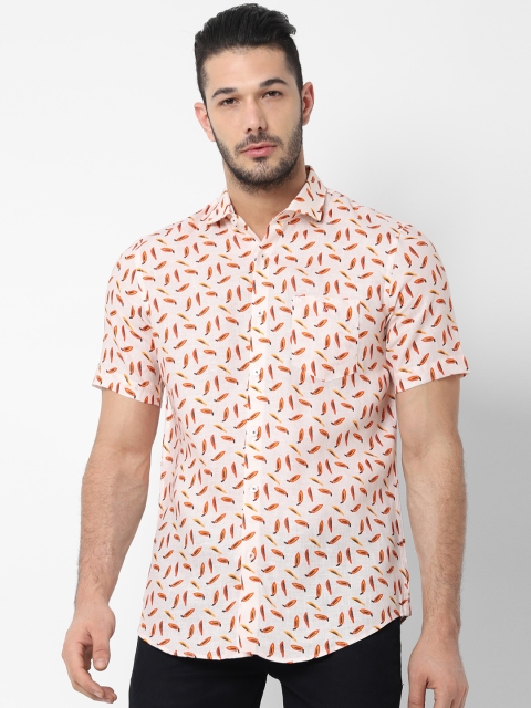 

SIMON CARTER LONDON Men Off-White & Orange Slim Fit Printed Pure Linen Shirt
