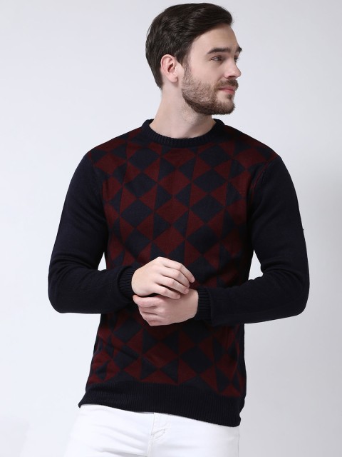 

COBB Men Red & Blue Self Design Pullover Sweater