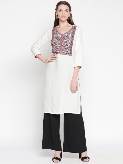

ZRI Women White & Red Embroidered Straight Kurta