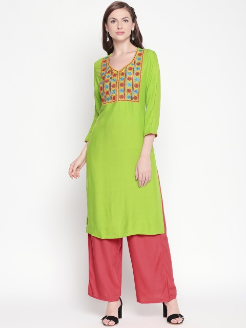 

ZRI Women Green & Red Embroidered Straight Kurta