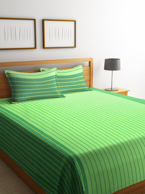 

KLOTTHE Unisex Green Striped Double Bed Cover With 2 Pillow Covers