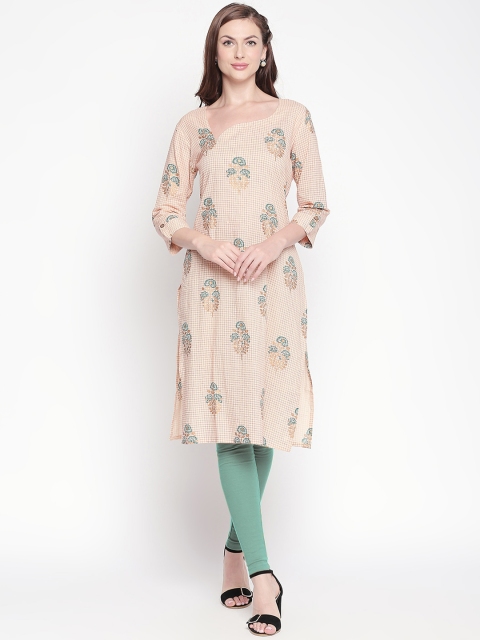 

ZRI Women Beige & Green Printed Straight Kurta