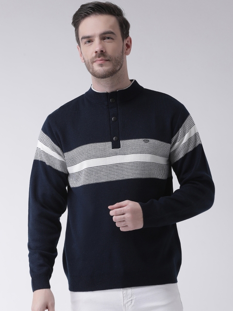 

COBB Men Navy Blue Colourblocked Pullover Sweater