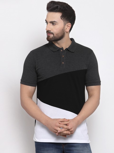 

Kalt Men Charcoal Grey Colourblocked Polo Collar T-shirt