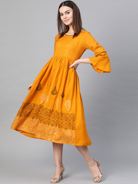 

Yuris Women Mustard Yellow Printed A-Line Ethnic Dress