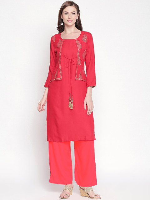 

ZRI Women Red & Golden Woven Design Straight Kurta
