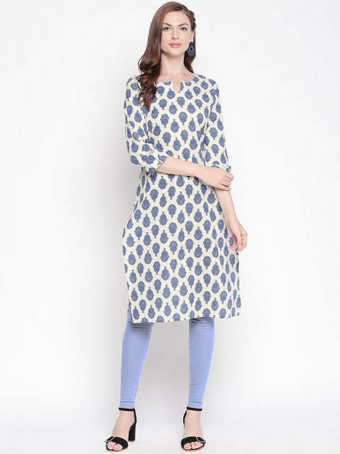 

ZRI Women Off-White & Blue Printed Straight Kurta